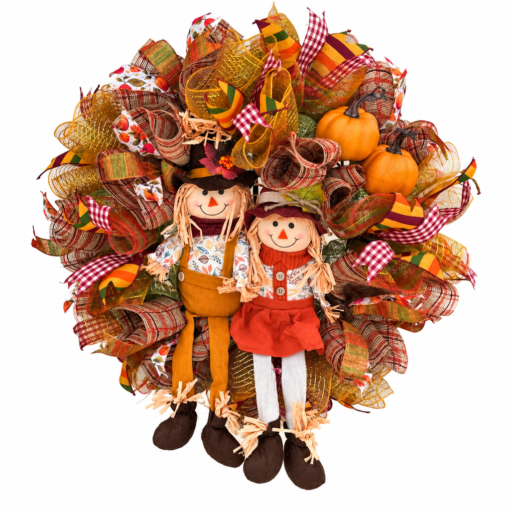 24 inch Harvest Scarecrow Couple Fall Wreath on white background