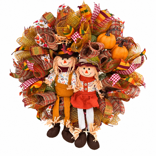 24 inch Harvest Scarecrow Couple Fall Wreath on white background