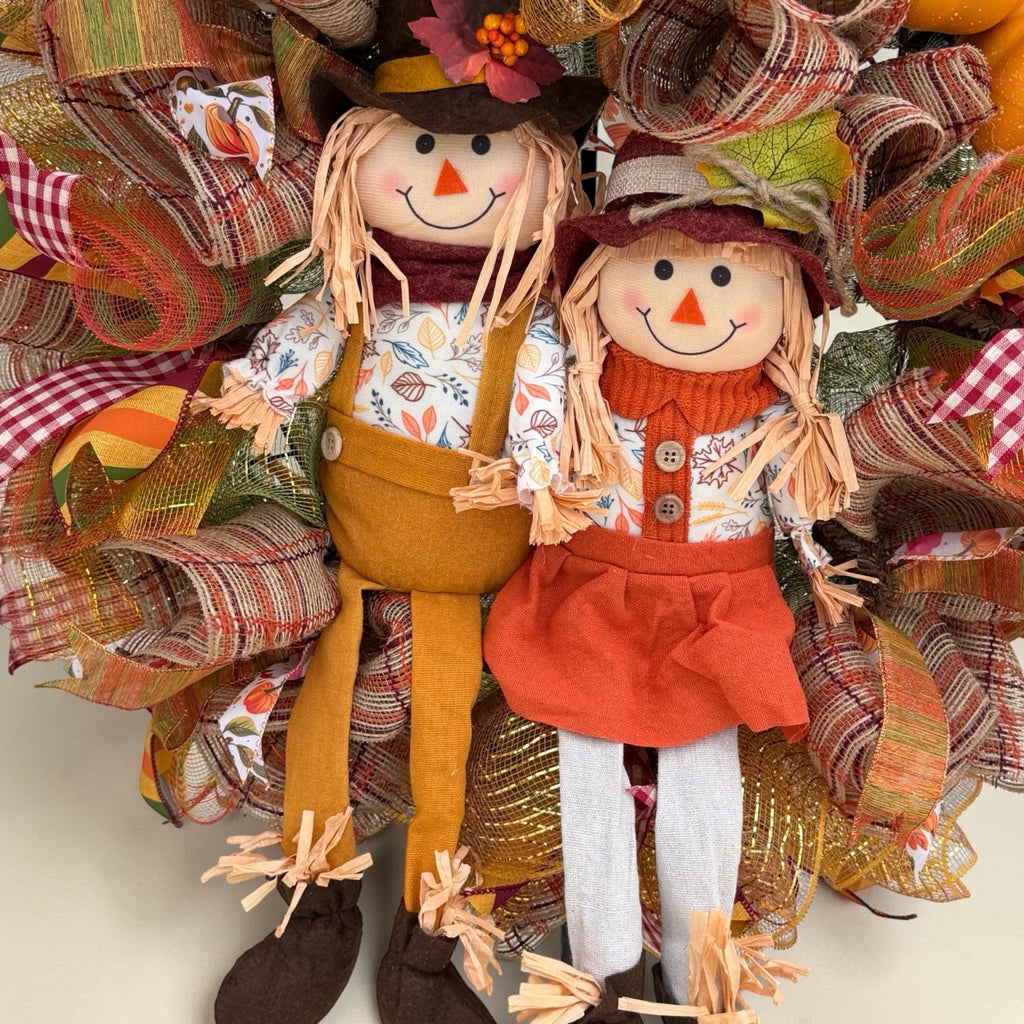 Harvest Scarecrow Couple Fall Wreath close-up of two scarecrows
