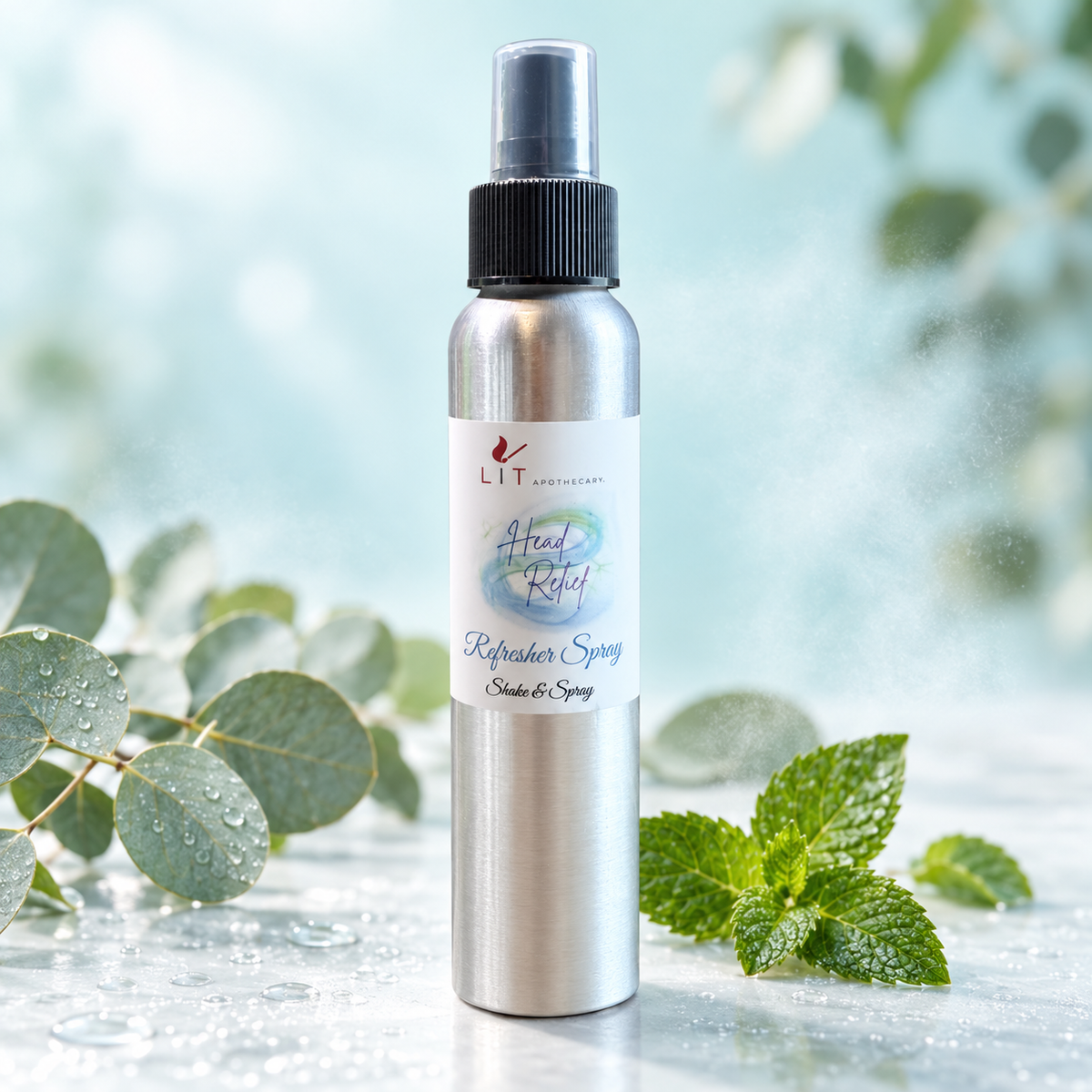 Head Relief room spray with eucalyptus and mint leaves in a fresh spa-inspired setting