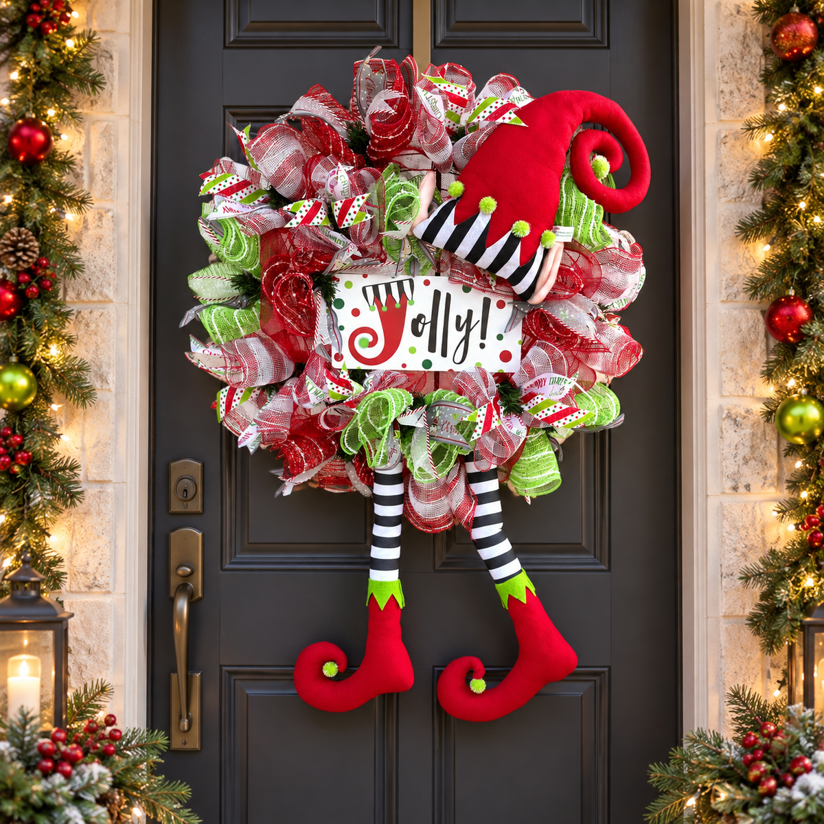 Jolly Christmas elf wreath on a charcoal front door framed by lighted holiday garland.