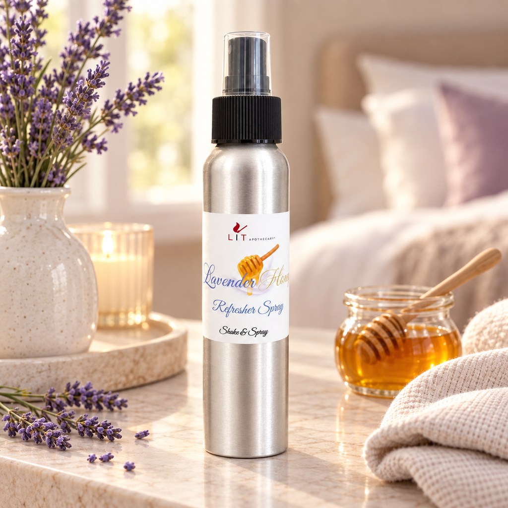 Lavender Honey room spray in a relaxing bedroom setting with lavender and golden honey