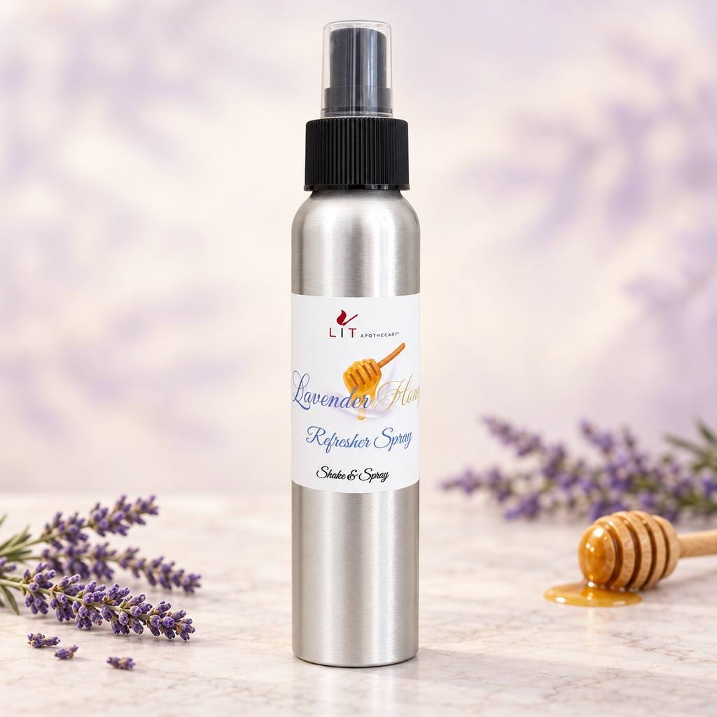 Lit Apothecary Lavender Honey room spray with lavender sprigs and a honey dipper