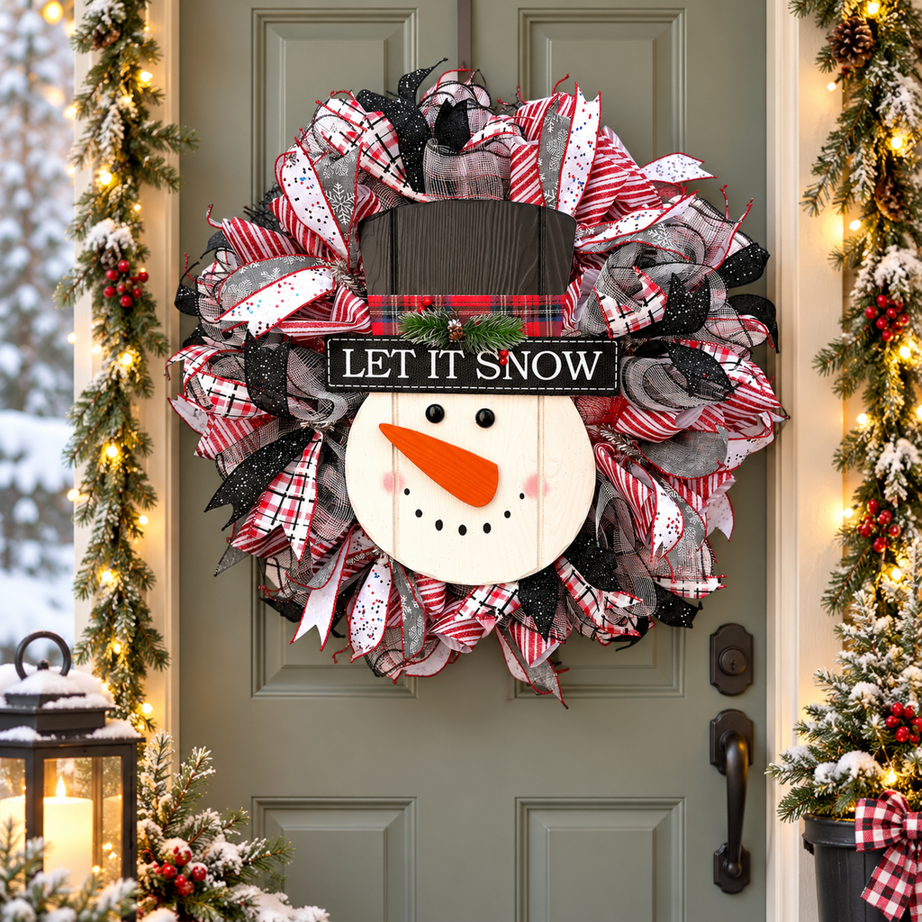 Let It Snow snowman wreath on a front door framed by Christmas greenery and warm lights