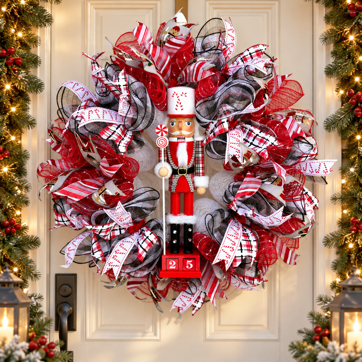 Red Nutcracker Christmas wreath displayed on an ivory front door framed by evergreen garland and warm holiday lights.