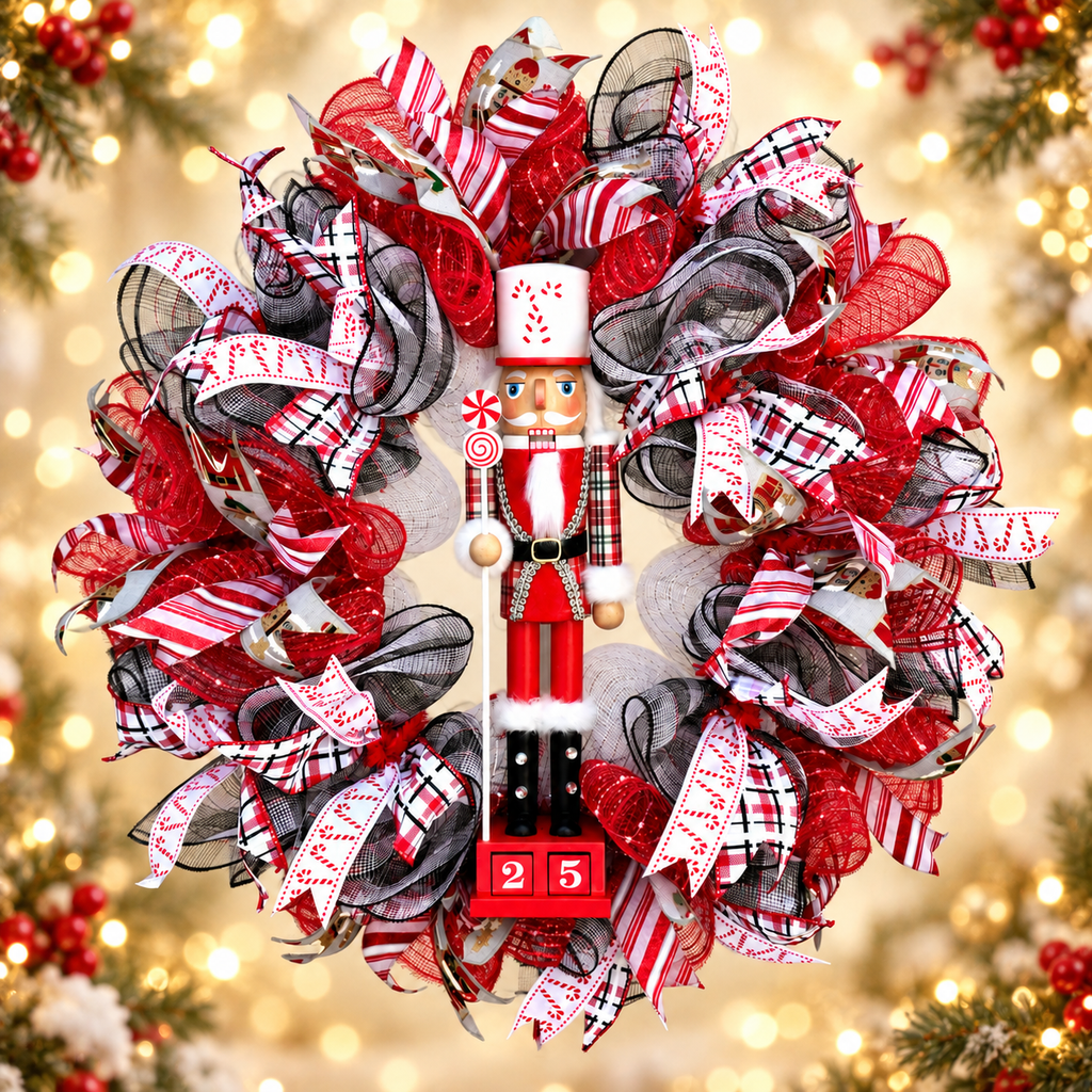 Red, white and black Nutcracker Christmas wreath with peppermint ribbons and a red nutcracker centerpiece against festive golden lights.