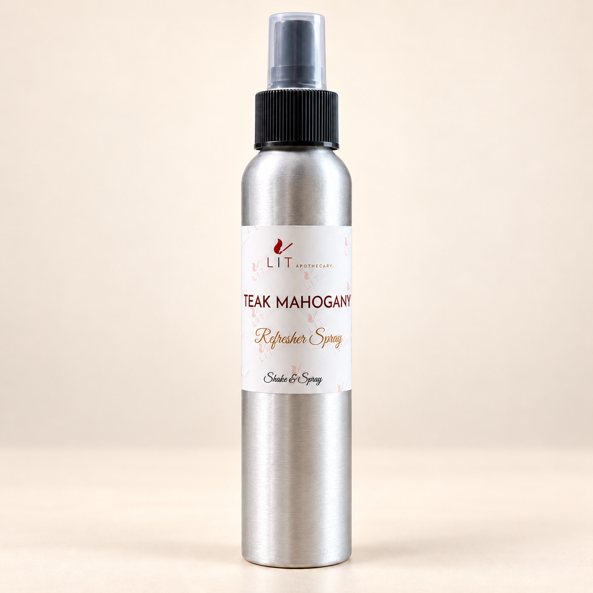Teak Mahogany room spray in a silver aluminum bottle by Lit Apothecary
