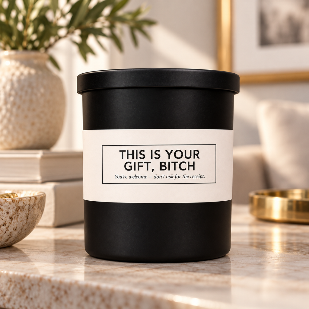 This Is Your Gift Bitch candle styled in a warm elegant home