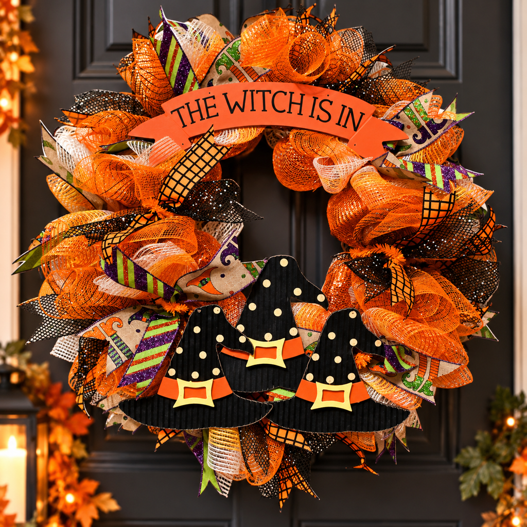 Witch Hat Halloween Wreath with "The Witch Is In" sign and three witch hats on a dark front door