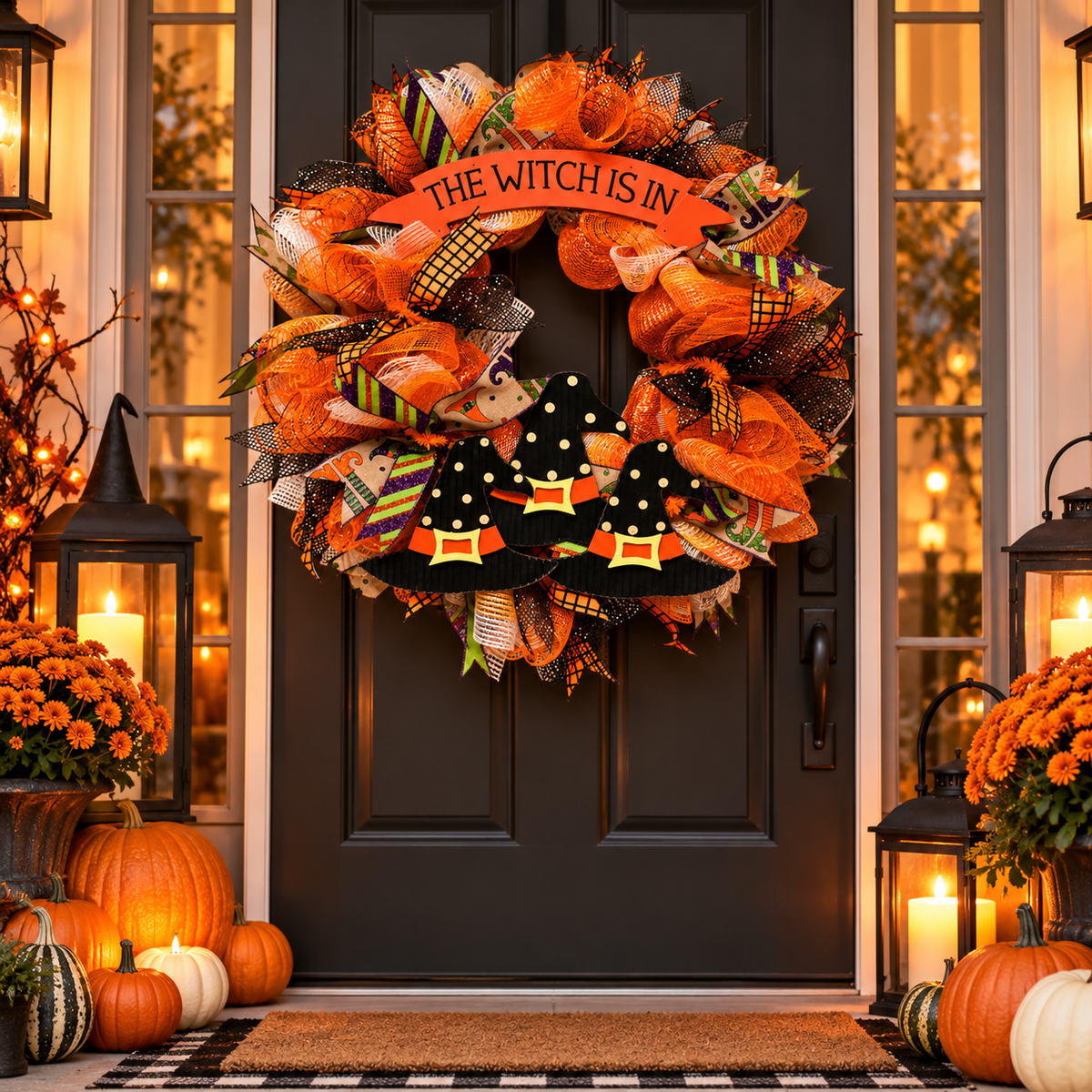 Witch Hat Halloween Wreath displayed on a decorated Halloween porch with pumpkins and lanterns