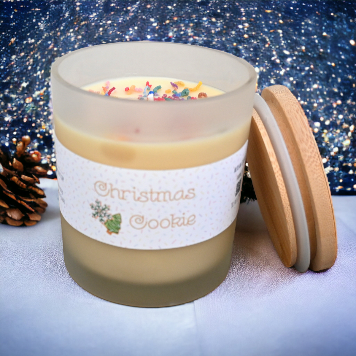 Open Christmas Cookie candle with sugar cookie, warm spice and light pine fragrance
