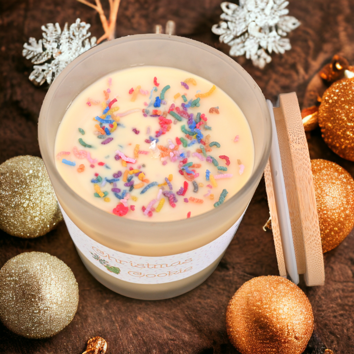 Top view of the hand-poured Christmas Cookie coconut-apricot wax candle