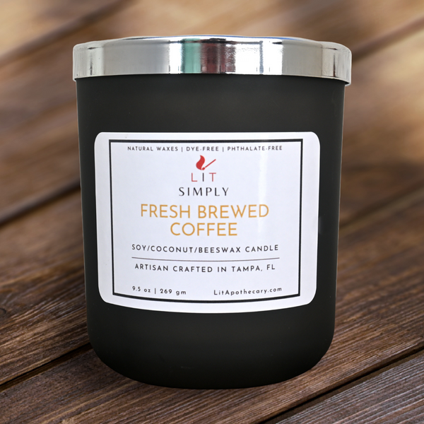 Previous Fresh Brewed Coffee candle in matte black LIT Simply jar with silver lid; label shows former 9.5 oz soy, coconut and beeswax blend
