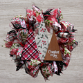 Comfort and Joy Christmas tree wreath with red, white and green holiday ribbons