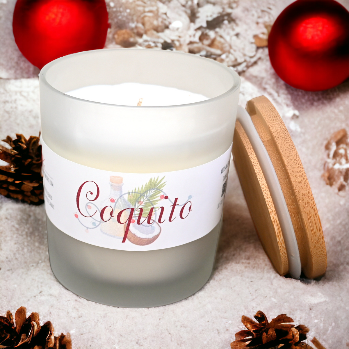 Open Coquito candle with creamy coconut, brandy, cinnamon and eggnog-inspired Christmas fragrance.
