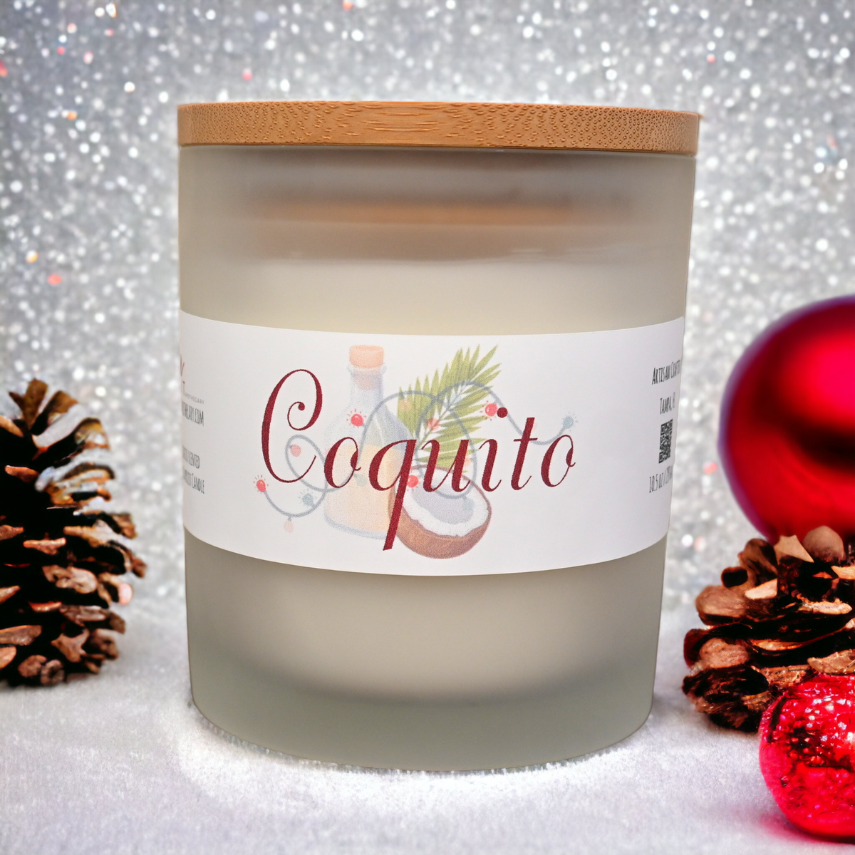 Coquito Christmas candle in coconut apricot wax with festive coconut and cinnamon holiday fragrance.