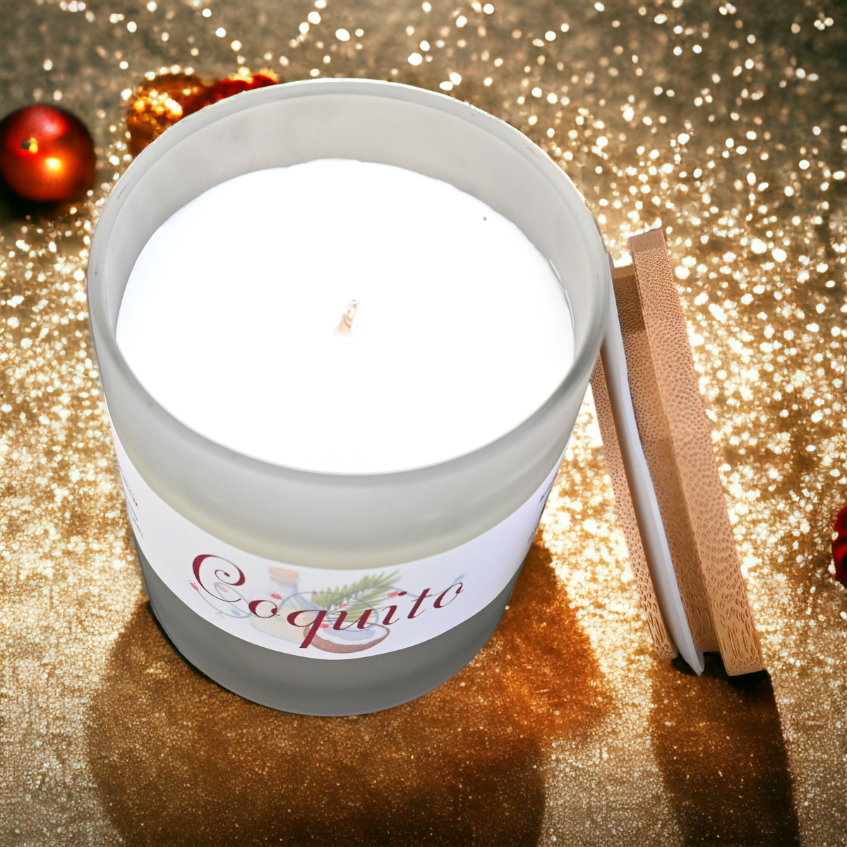 Top view of Coquito scented candle with coconut, brandy, cinnamon and eggnog-inspired holiday fragrance.
