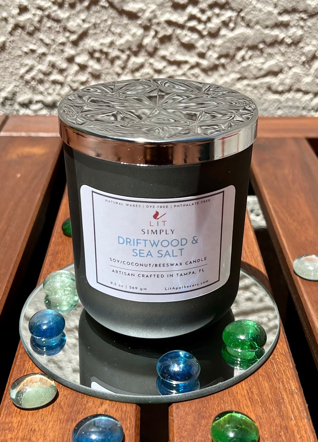 Previous LIT Simply Driftwood & Sea Salt candle in black frosted jar with patterned silver lid