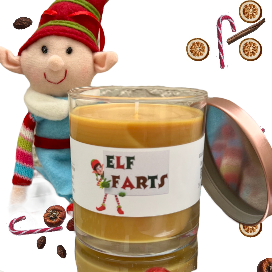 Close-up of Elf Farts brown sugar cinnamon Christmas candle, a playful holiday home fragrance gift from Lit Apothecary.