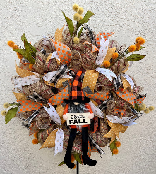 24" Hello Fall Gnome Wreath - Orange Black Yellow Fall Wreath - Cute Gnome Fall Wreath