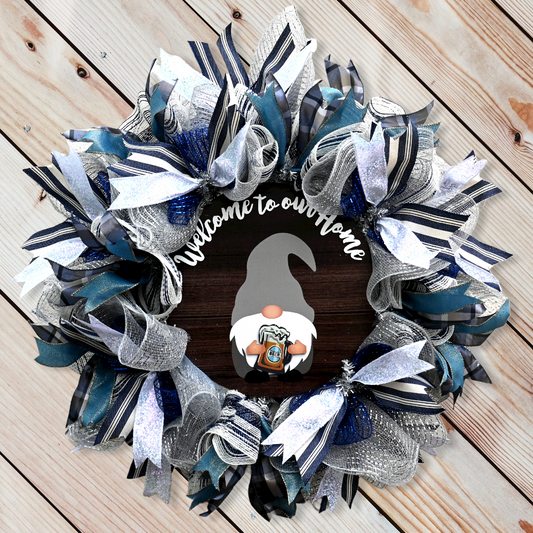 24" Gnome Welcome Wreath Blue & Silver- Changeable Hands Gnome Wreath