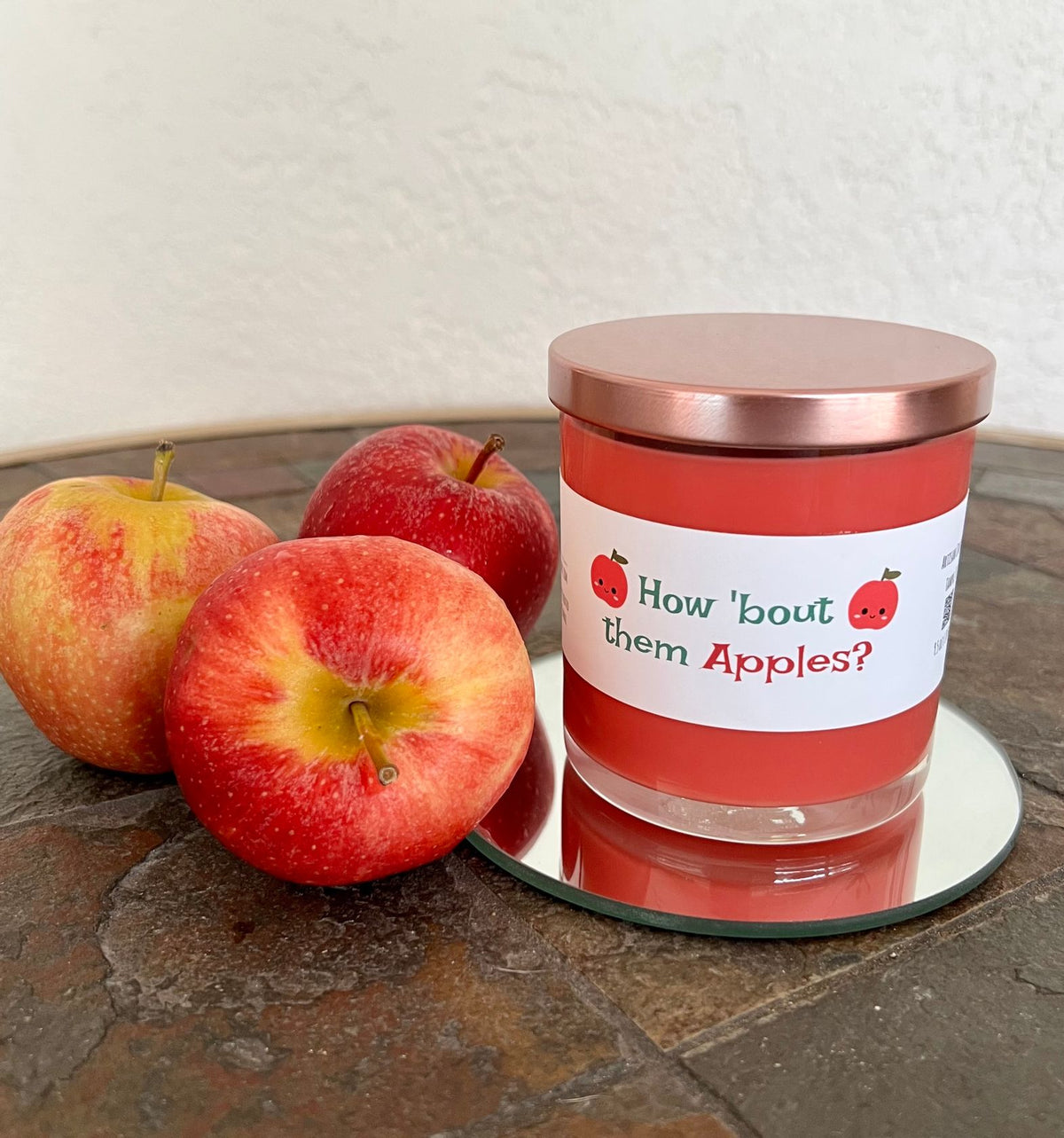 Caramel Apple candle in decorative jar, a sweet apple and caramel scented candle for fall decor and seasonal gifting.