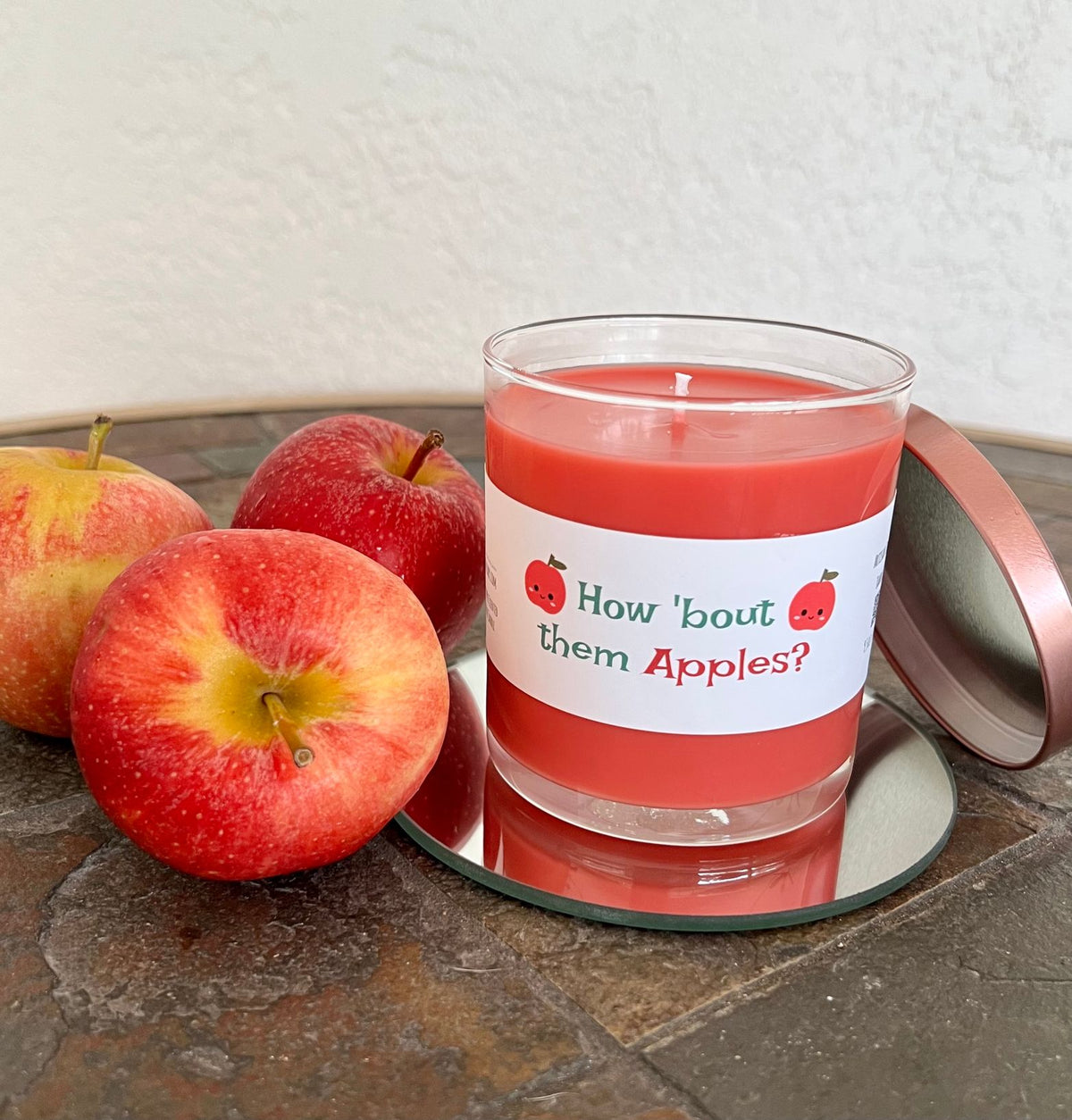 Open Caramel Apple candle with sweet apple and rich caramel fragrance for cozy fall and Halloween home fragrance.