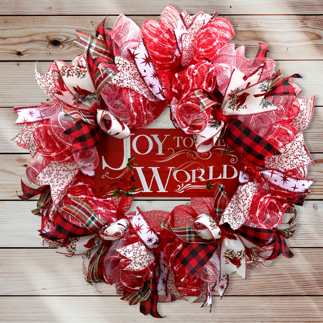 Joy to the World Christmas wreath with cardinal sign, red and white ribbons, buffalo check, plaid, and festive holiday accents.