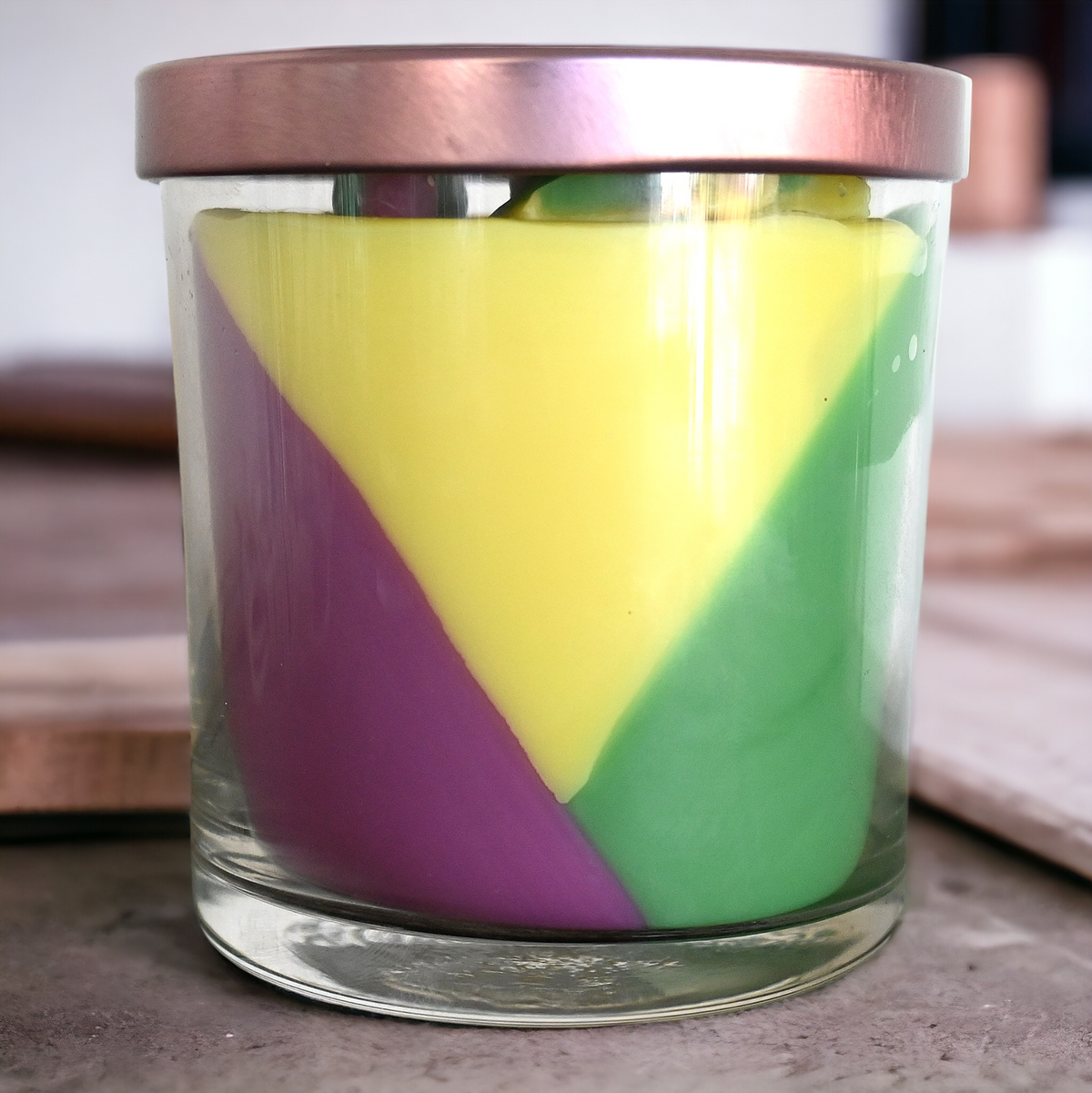 Back view of Mardi Gras King Cake Candle packaging