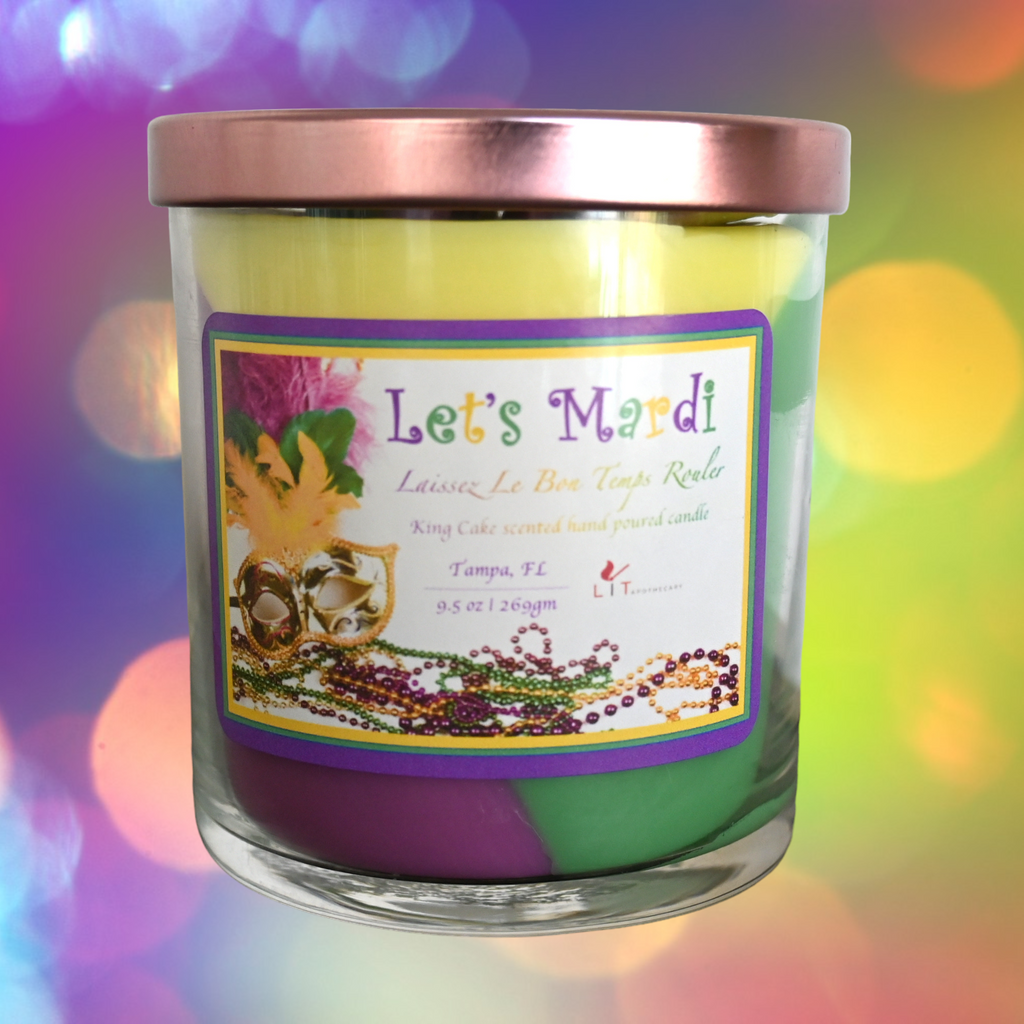 Front view of Mardi Gras King Cake Candle in a frosted glass jar