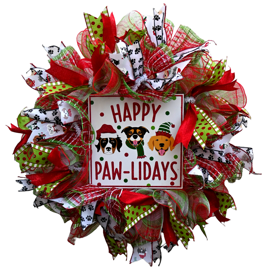 Happy Pawlidays dog Christmas wreath with festive dogs and red, green and white ribbons