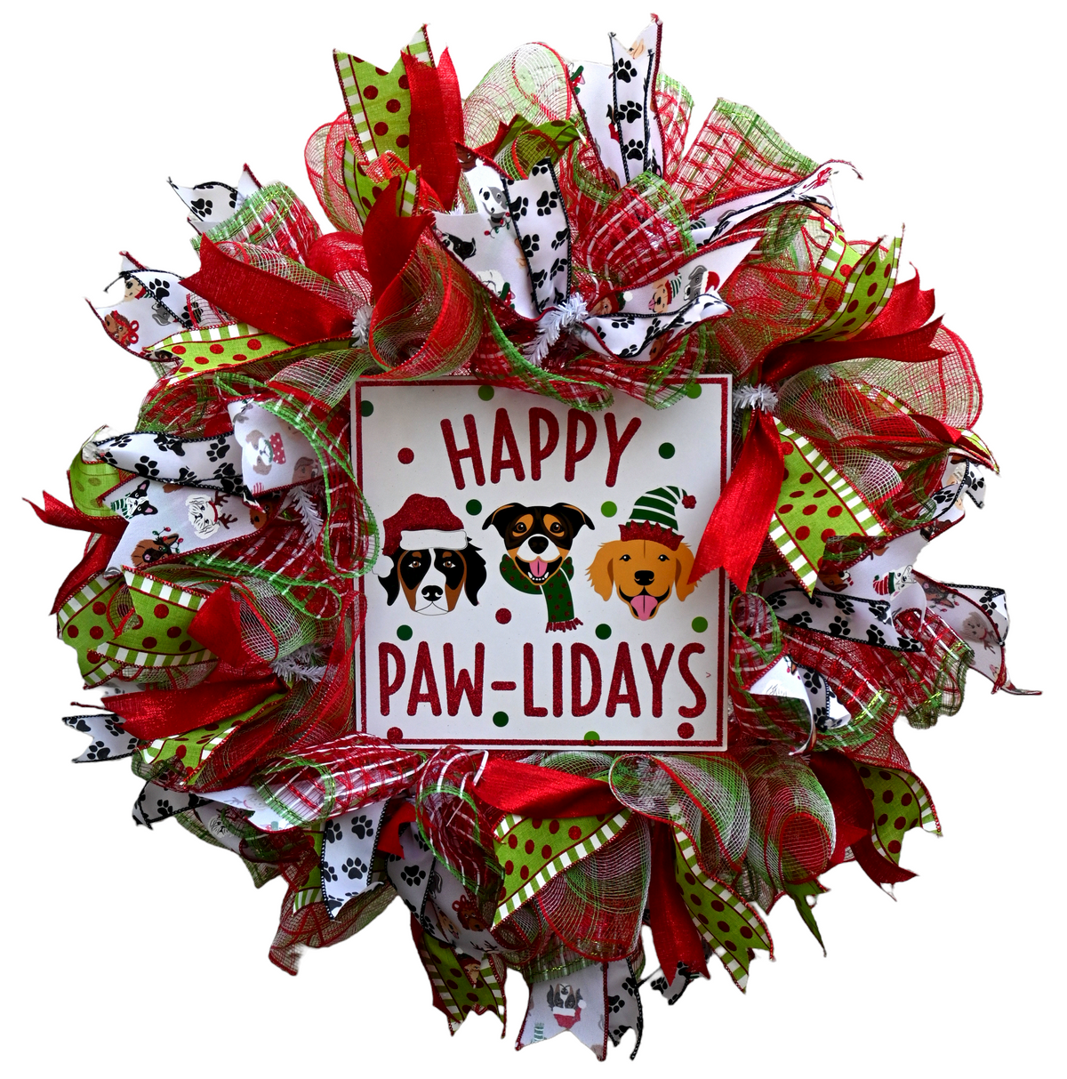 Happy Pawlidays dog Christmas wreath with festive dogs and red, green and white ribbons