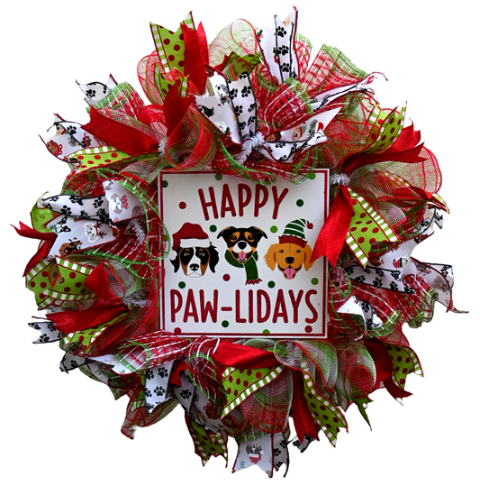 24" Dog Christmas Wreath - Holiday Dog Wreath - Happy Pawlidays Holiday Wreath