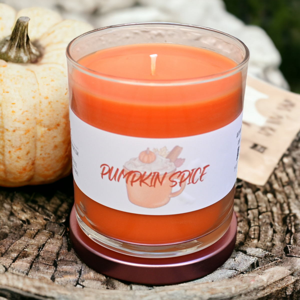 Open Pumpkin Spice Candle in a decorative jar, a cozy fall soy-blend candle with warm pumpkin and spice fragrance.