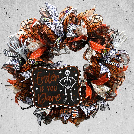 23" Skeleton Halloween Wreath - Enter If You Dare Door Wreath - Orange & Black Wreath