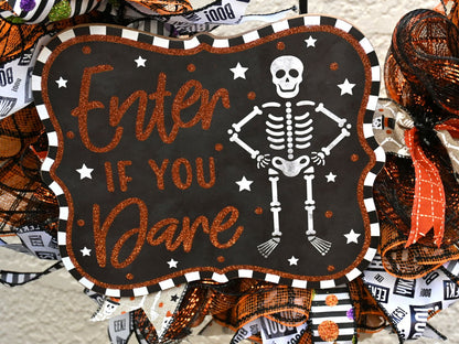 23" Skeleton Halloween Wreath - Enter If You Dare Door Wreath - Orange & Black Wreath