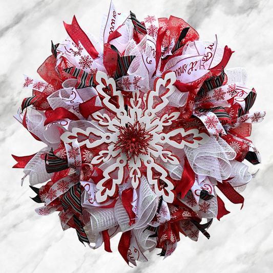 24" Winter Snowflake Wreath - Red White Winter Wreath