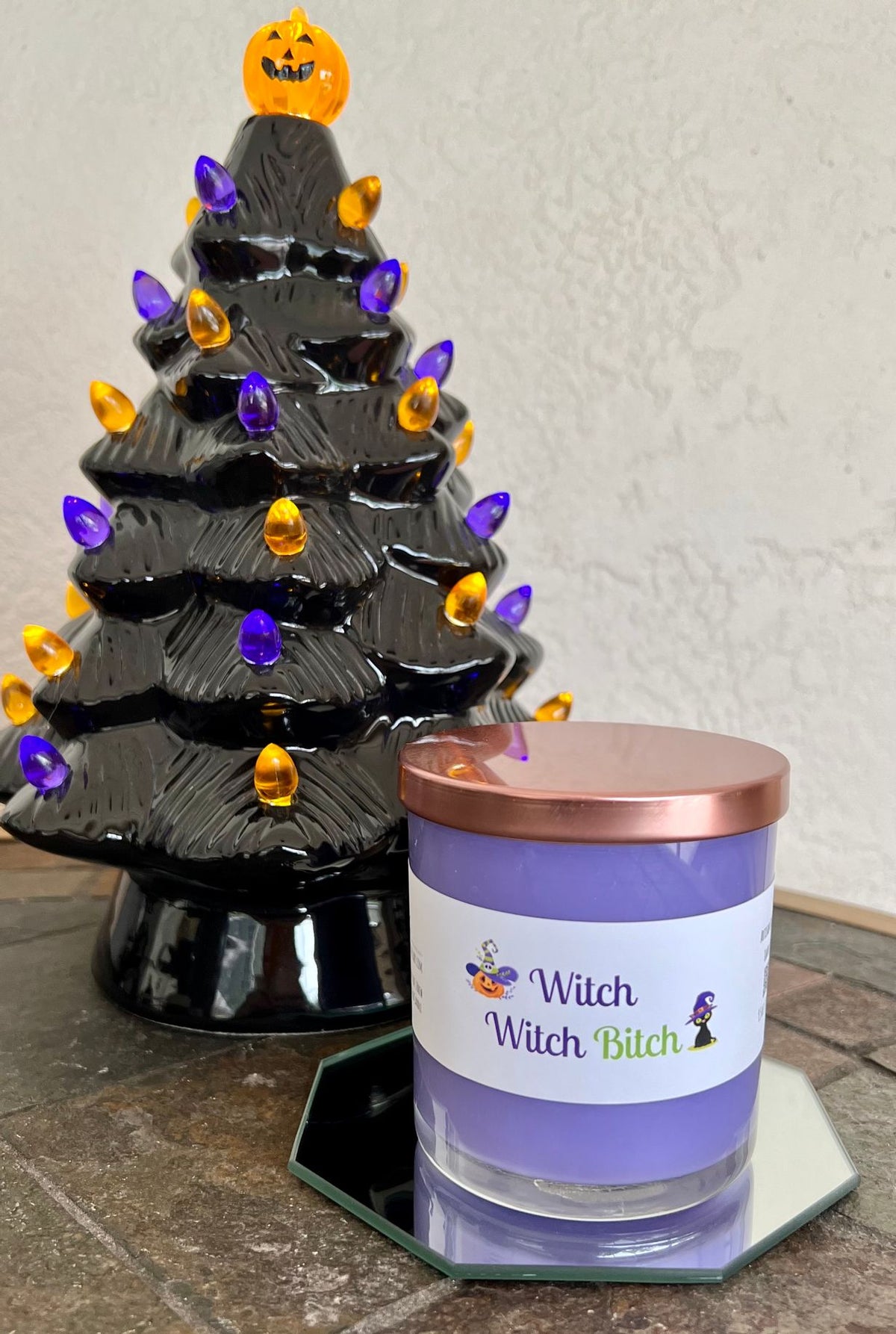 Closed Witch Witch Bitch Halloween candle jar with witch-themed label, a playful spooky season candle and Halloween gift.